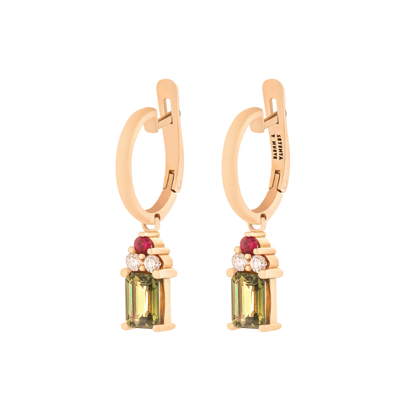 Rose gold hoop earrings with diamonds, rubies, and sapphires as a Christmas gift
