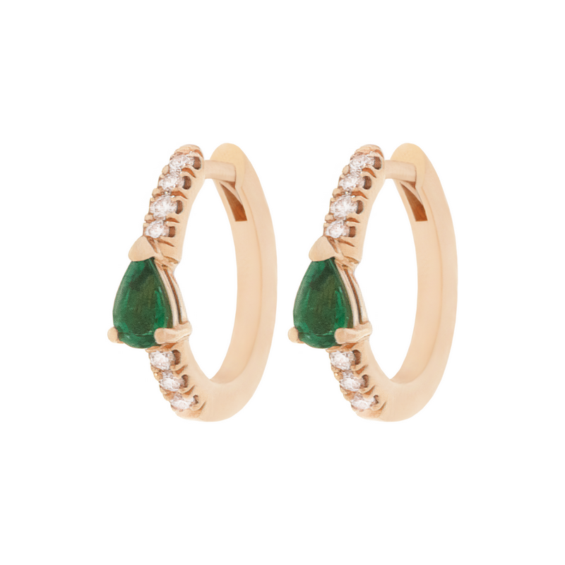 Rose gold hoop earrings with diamonds and emeralds, a Christmas gift
