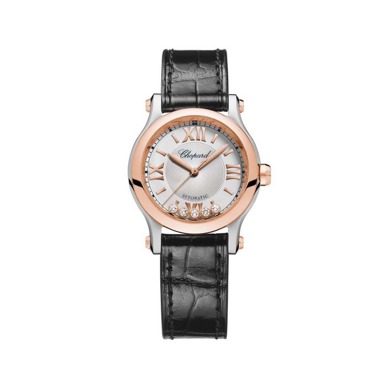 Reloj Happy Sport de Chopard con bisel de oro rosa y correa alligator negra