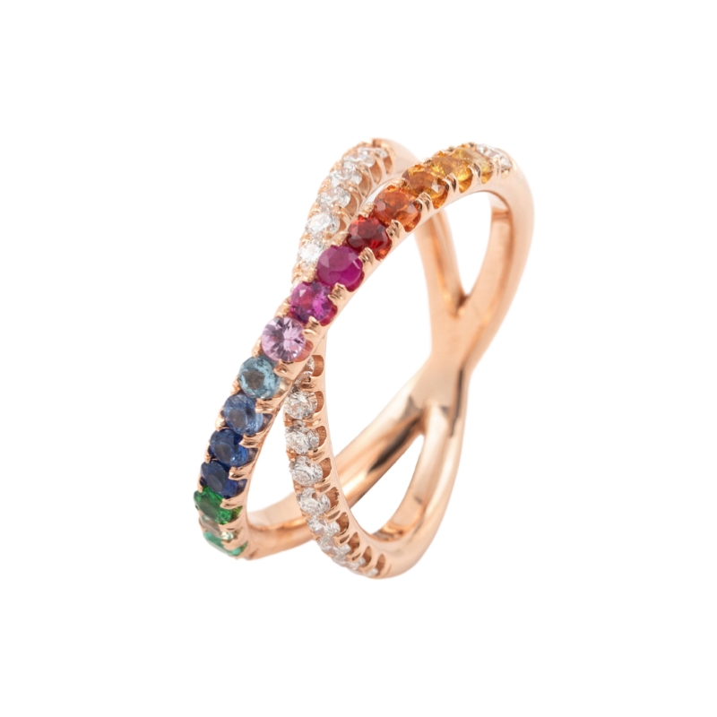 Rose gold crossover ring with colored gemstones from Setenta y Nueve