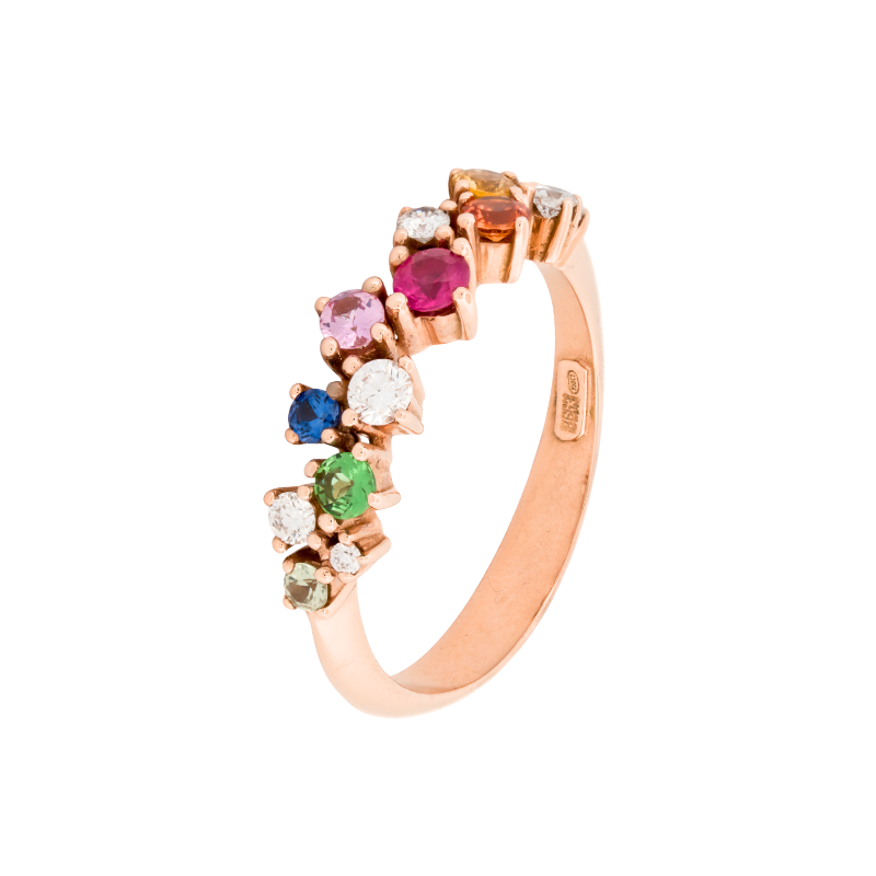 Rose gold ring with multicolored stones and diamonds by Setenta y Nueve